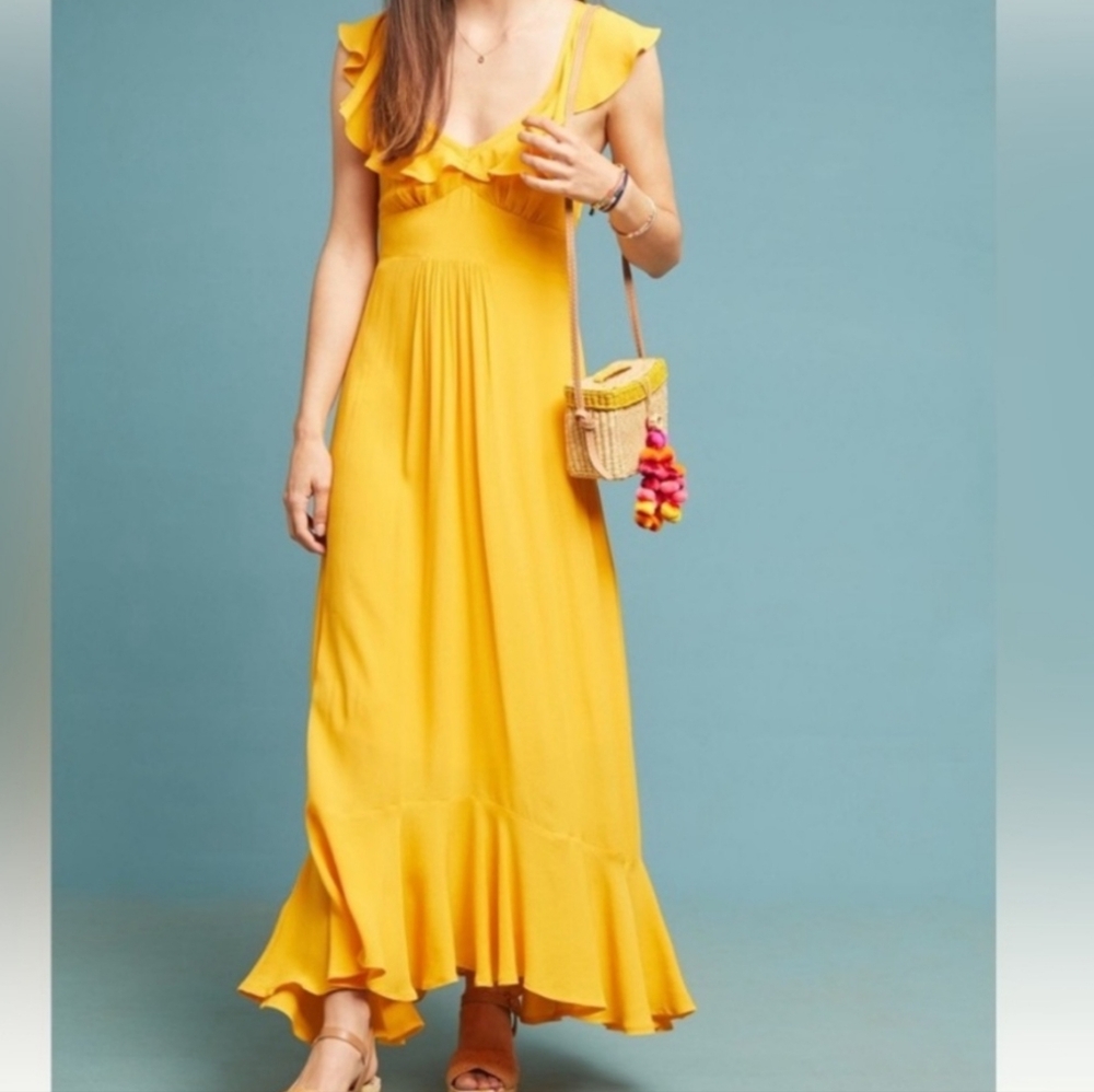 Anthropologie Larke Yellow Cottagecore Prairie Belle ruffle maxi dress 8